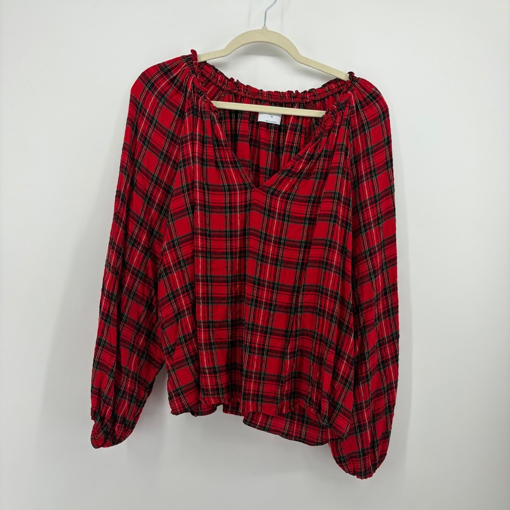 Old Navy Womens XL Red Plaid V-Neck Balloon Sleeve Peasant Blouse